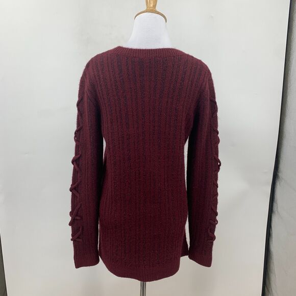 Rock & Republic Cutout Sweater Women XS Extra Small Maroon Lace Up Sleeve Chunky - Picture 6 of 14